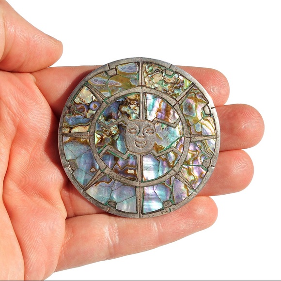 Vintage Taxco Abalone Inlay Sterling Silver Sun Pendant / Brooch Mexican Jewelry - Picture 3 of 6